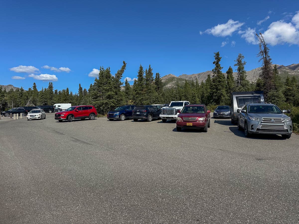 Cars parked in the Mountain Vista Picnic Area in Denali National Park, Alaska