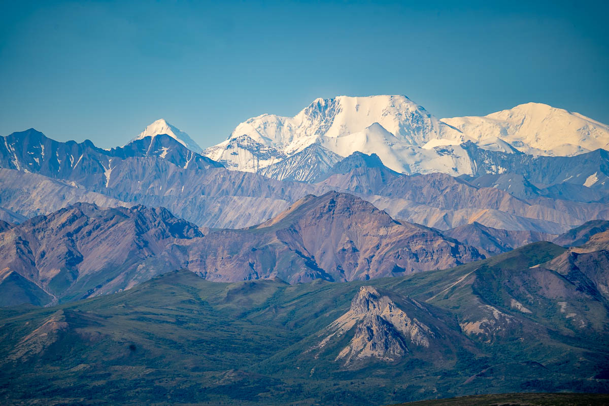 Layers of mountains with Mount Denali along the Savage Alpine Trail along the Denali National Park, Alaska