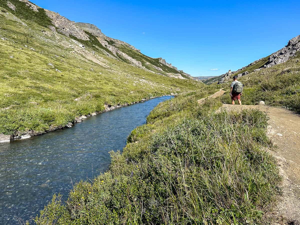 Man walking down a dirt path next to the Savage River in a mountainous valley along the Savage River Loop Trail in Denali National Park, Alaska