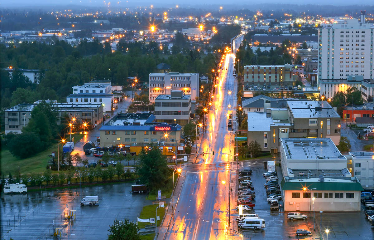 Aerial shot of Anchorage, Alaska on a rainy day