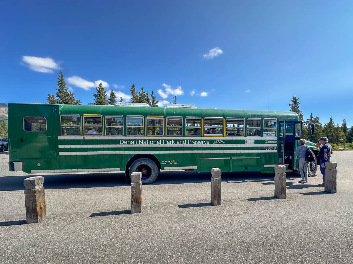 Hikers boarding the free hiker shuttle at Savage River in Denali National Park, Alaska