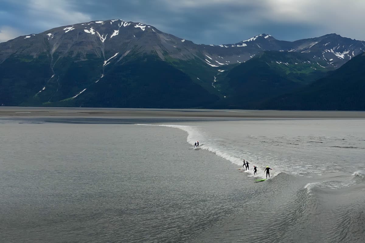 Surfers surfing along the boretide in the Turnagain Arm with Kenai Mountains in the background near Anchorage, Alaska