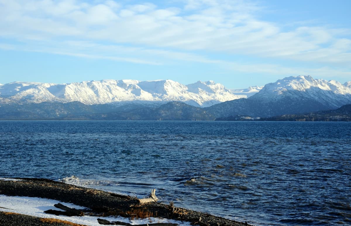 Kachemak Bay with snowy Kenai Mountains in Homer, Alaska