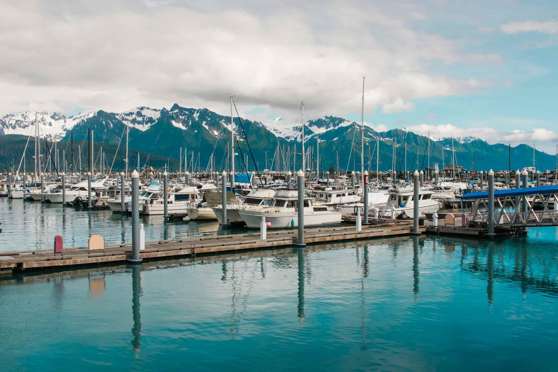 Boats parked in a harbor in Seward, Alaska