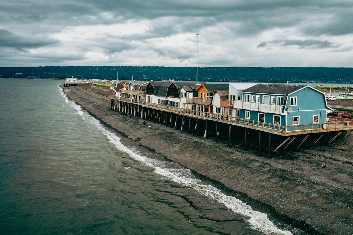 Colorful buildings along the Homer Spit on Kachemak Bay in Homer, Alaska