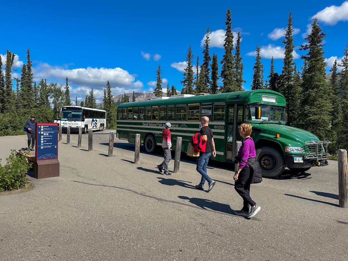 Hiker shuttle parked at the visitor center in Denali National Park in Alaska