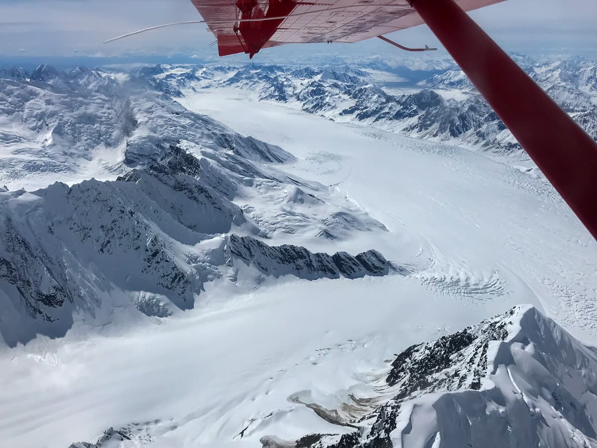 View of glaciers and mountains on a flightseeing tour of Denali in Alaska
