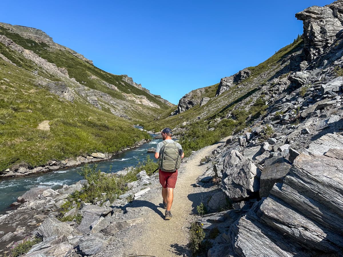 Man walking down the Savage River Trail with rugged rock formations in Denali National Park in Alaska