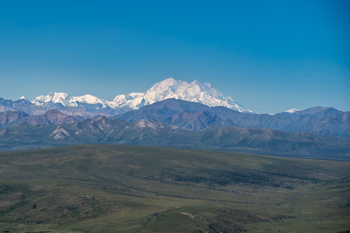 View of Mount Denali and the Alaska Mountain range from the Savage Alpine trail in Denali National Park in Alaska
