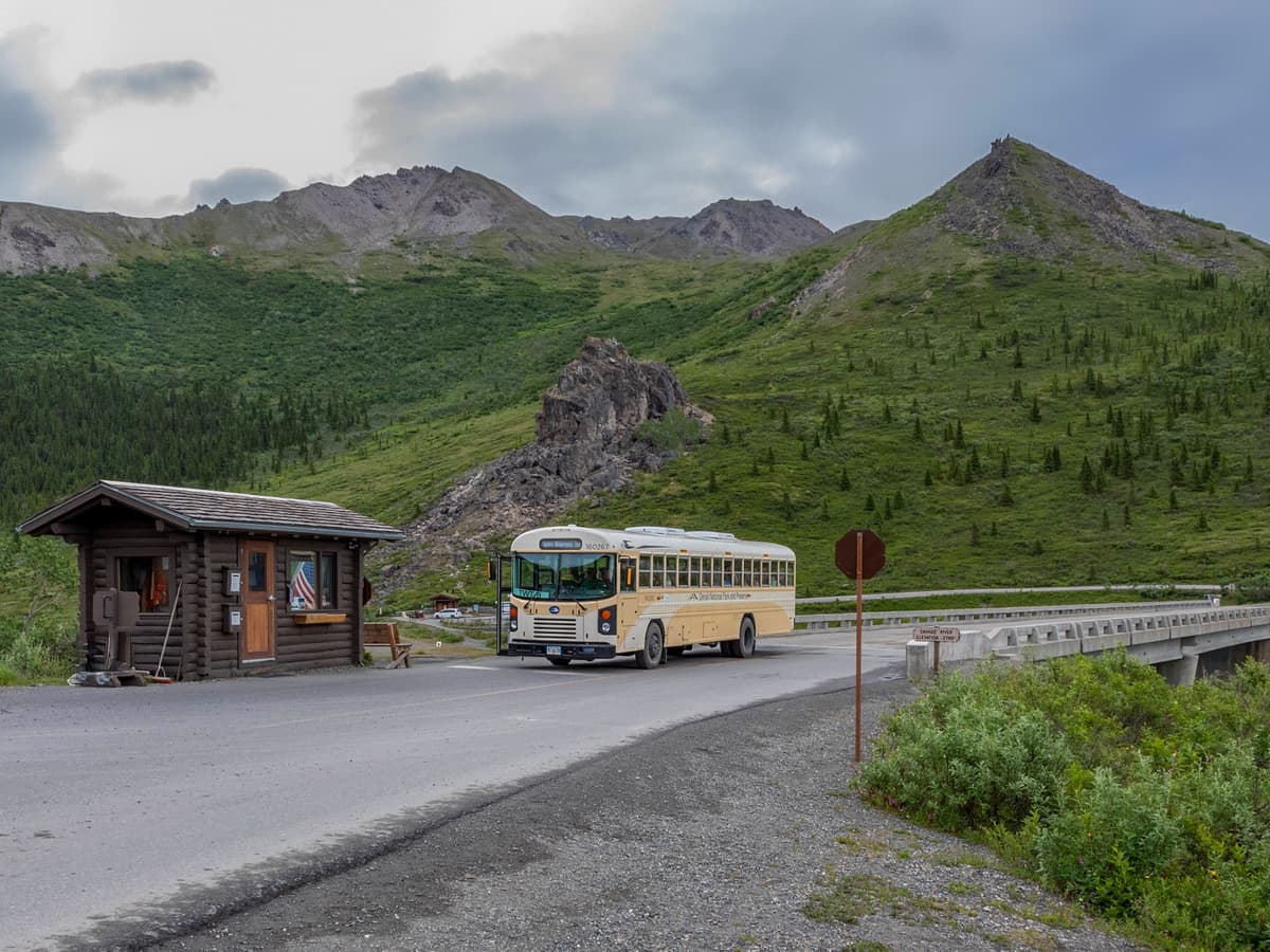 Shuttle on the Denali Park Road near the Teklanika River Campground in Denali National Park in Alaska