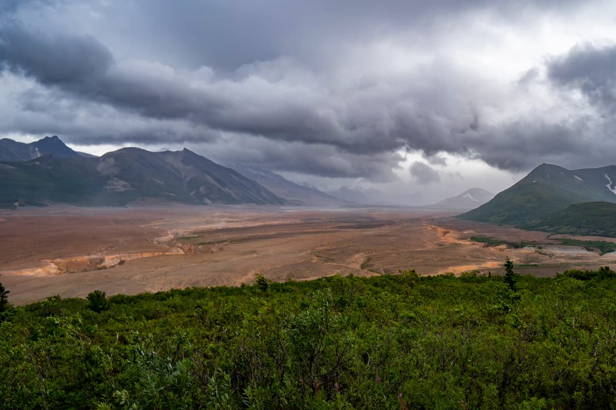 View of the Valley of Ten Thousand Smokes on a cloudy day in Katmai National Park in Alaska
