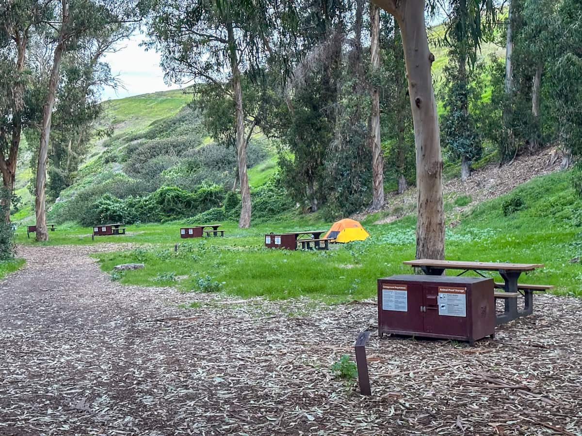 Campsites with food storage lockers and picnic tables in the Scorpion Campground on Santa Cruz island in Channel Islands National Park, California