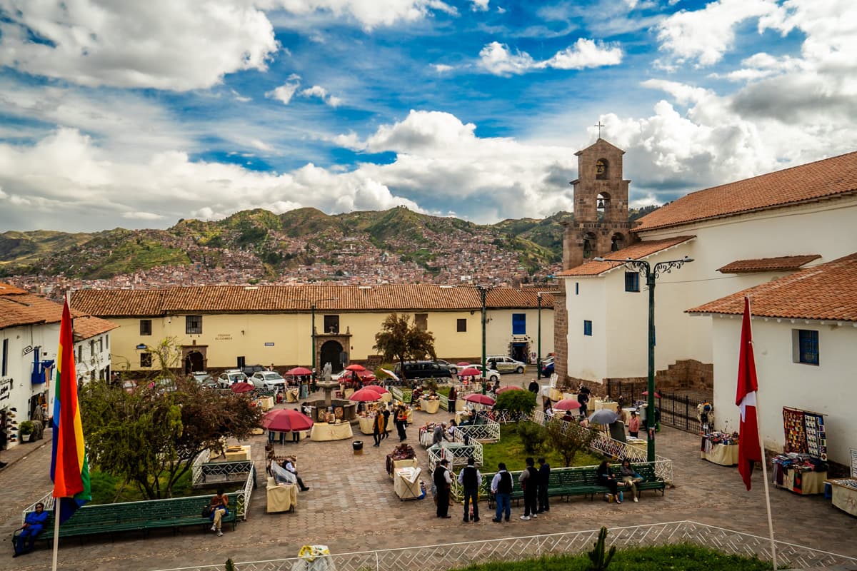View of a market in a square in the San Blas neighborhood of Cusco, Peru
