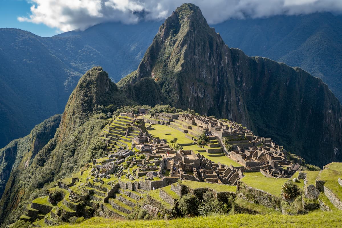 The ancient city of Machu Picchu with the Huayna Picchu mountain in the background in Peru