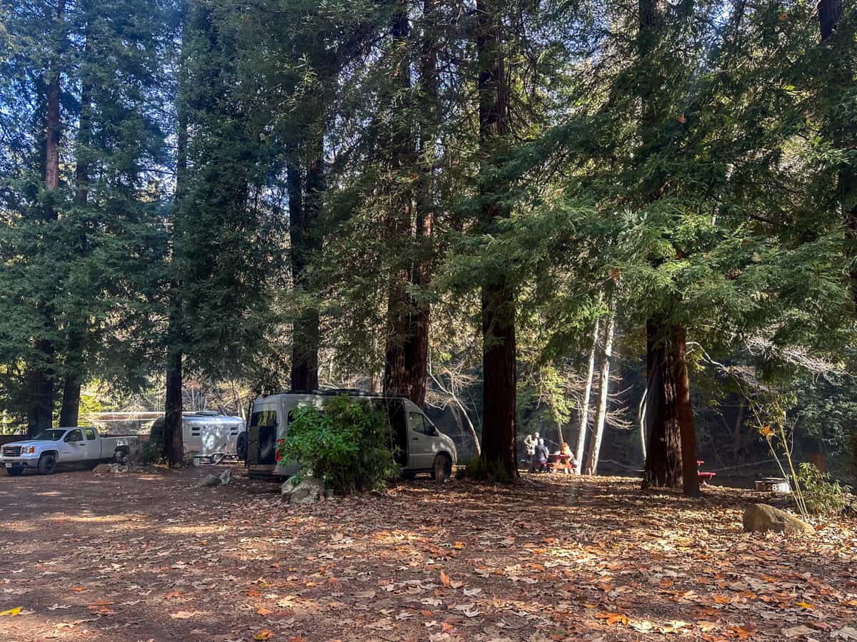 Campers parked in the redwoods at the Big Sur Campground and Cabins in Big Sur, California