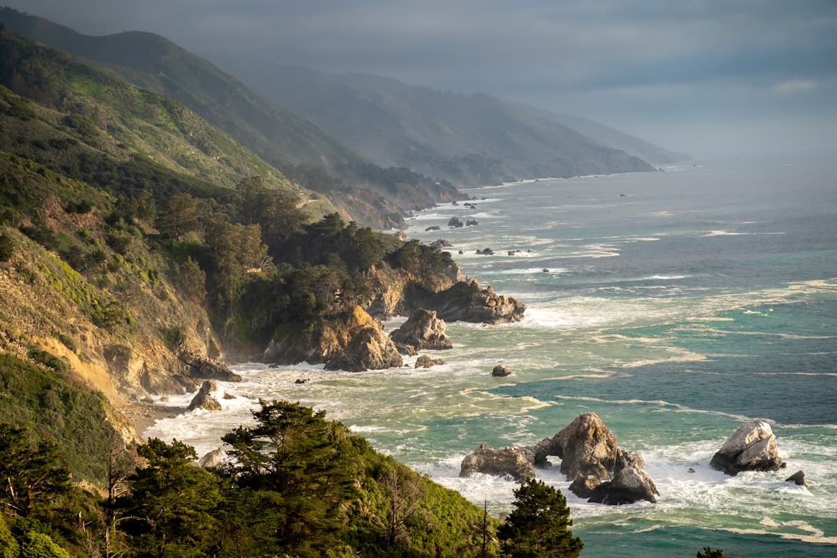 Sea stacks and rugged cliffsides from the Julia Pfeoffer Burns State Park Vista Point in Big Sur, California