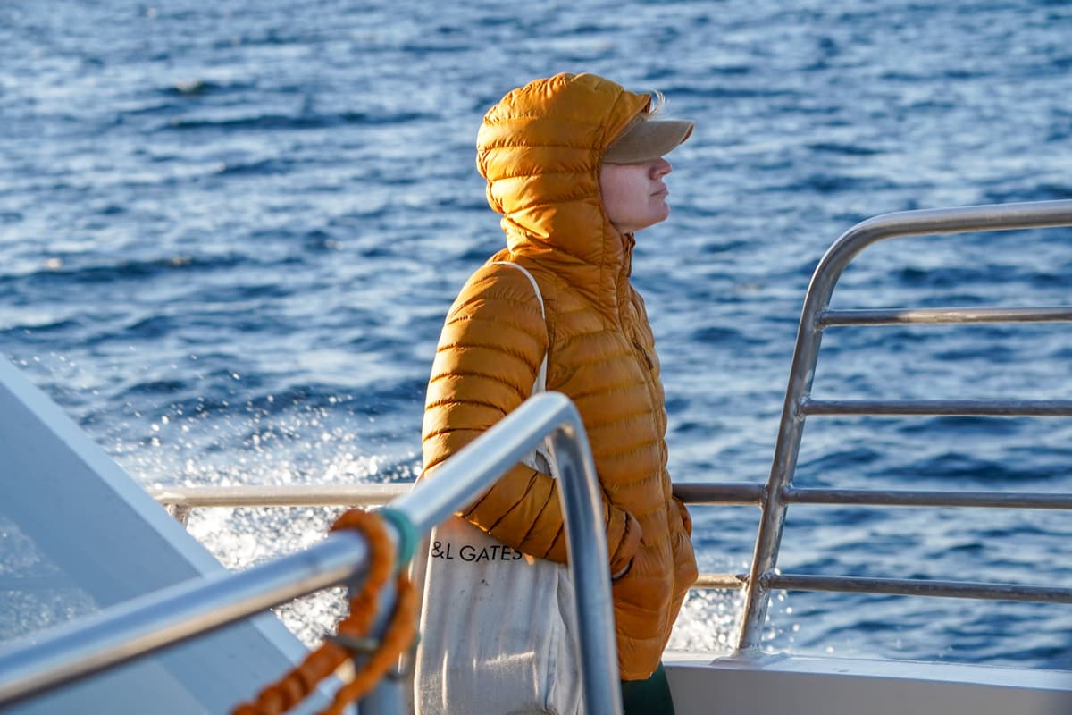 Woman standing on the deck of the Island Packers ferry to Santa Cruz island to Channel Islands National Park