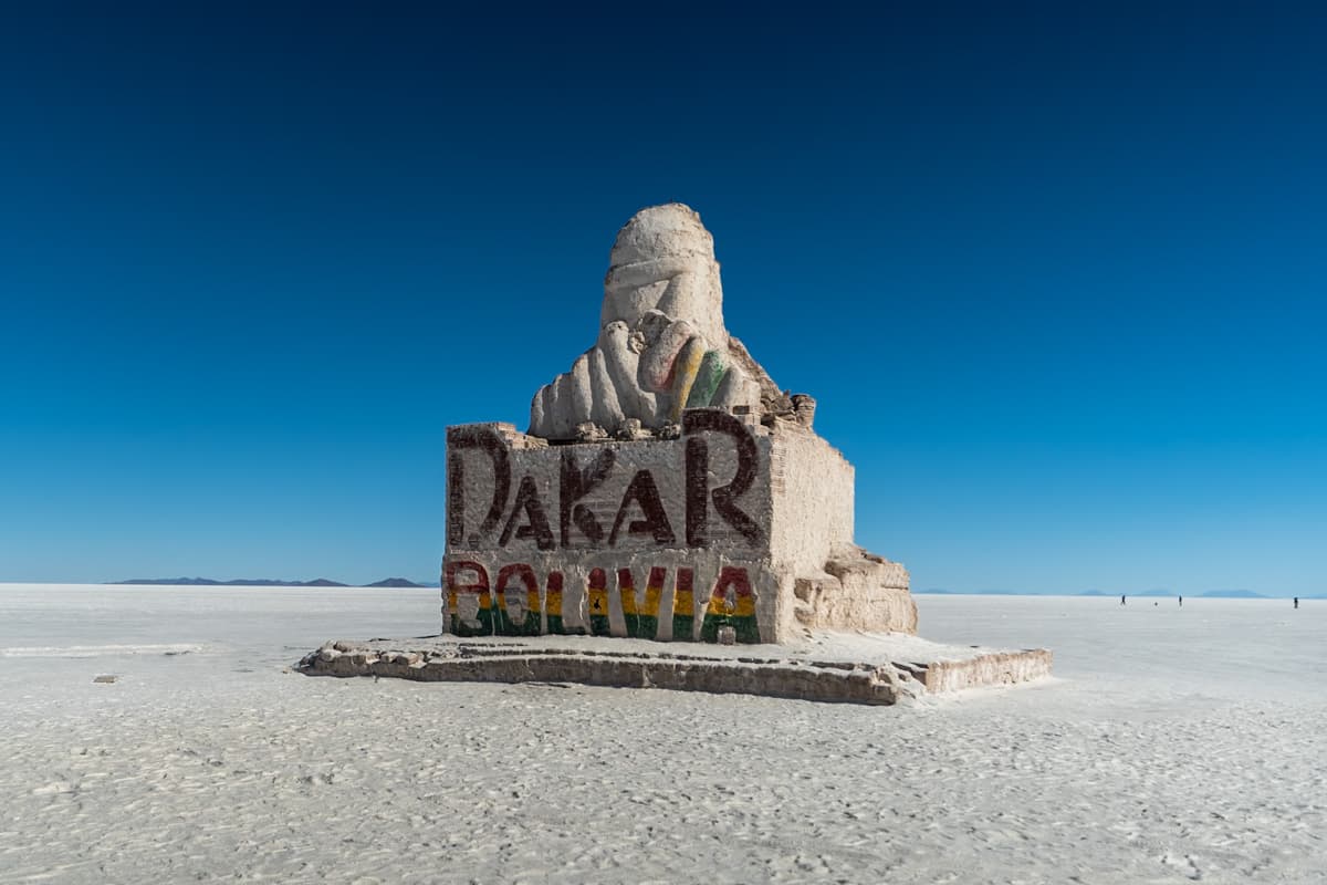 Dakar monument on the Uyuni Salt Flats of Bolivia