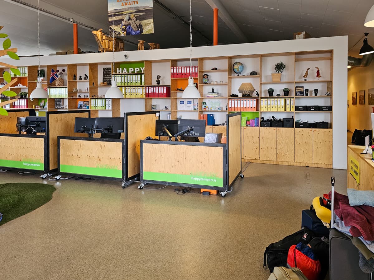 Checkout kiosks at the Happy Campers campervan rental office in Iceland