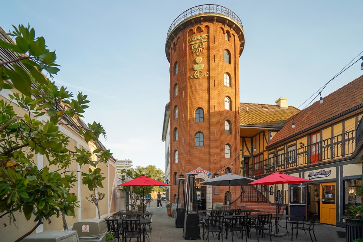 Round Tower with tables in the foreground in Solvang, California