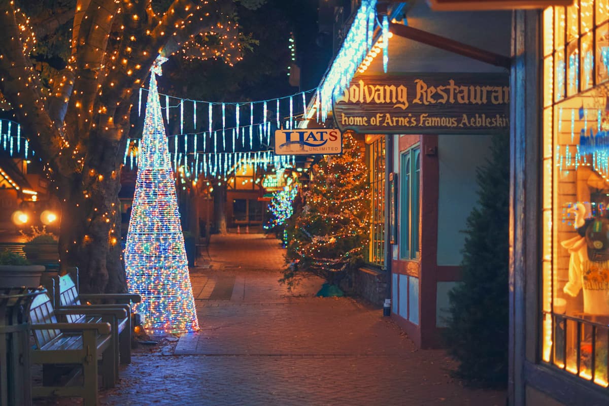 Main street of Solvang, California with Christmas decorations at Julefest