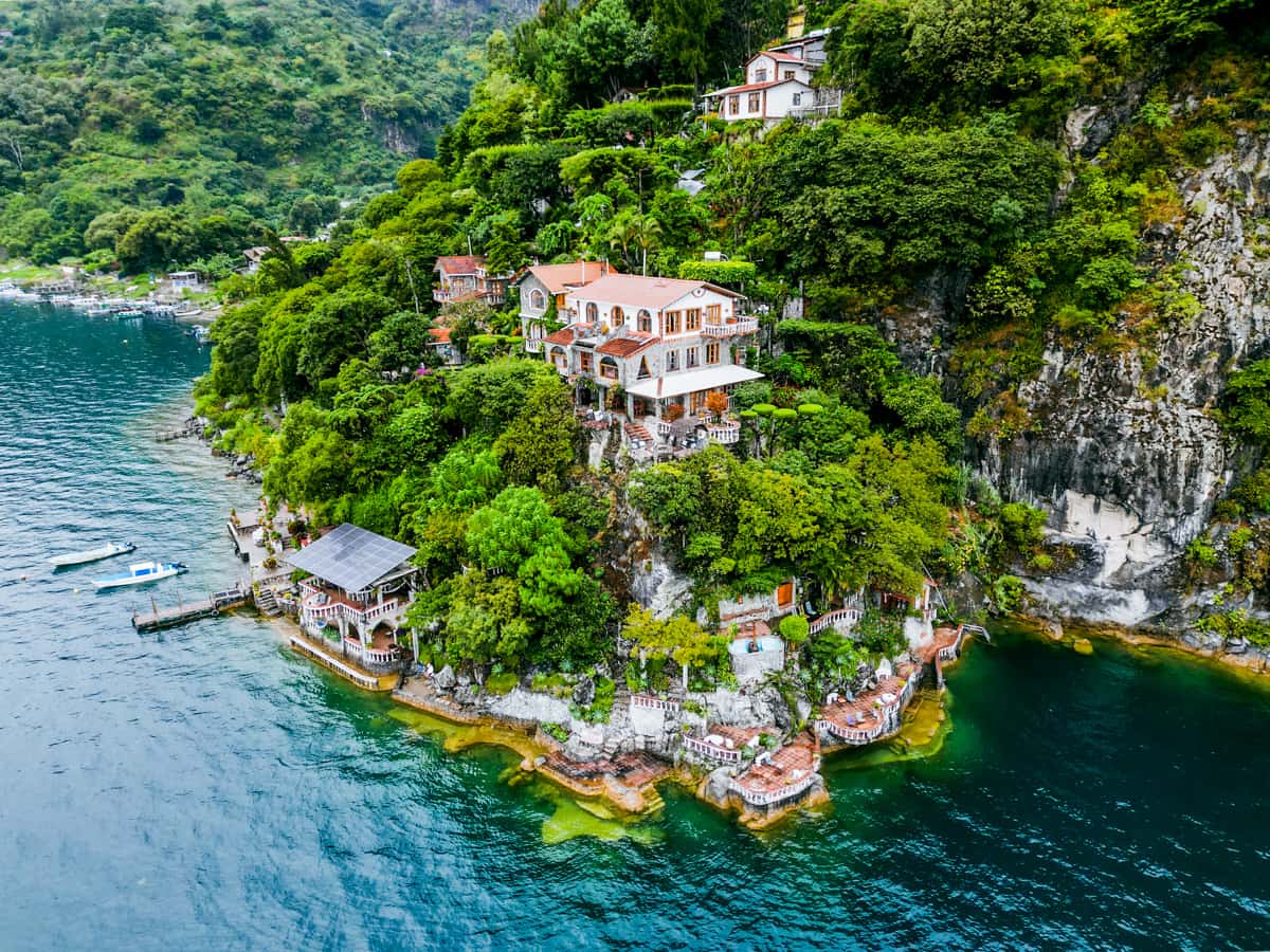 Casa del Mundo hotel built into a cliffside in Jaibalito in Lake Atitlan, Guatemala
