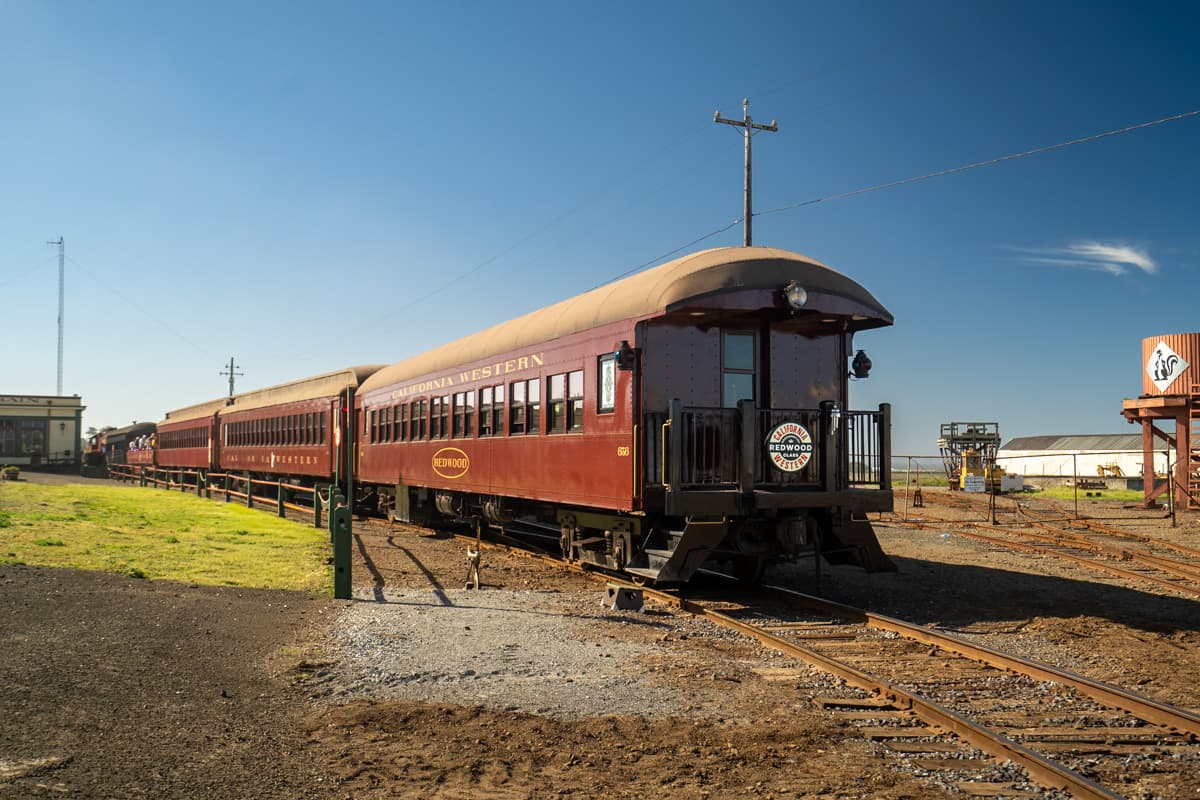 Skunk Train parked at a station in Fort Bragg, California
