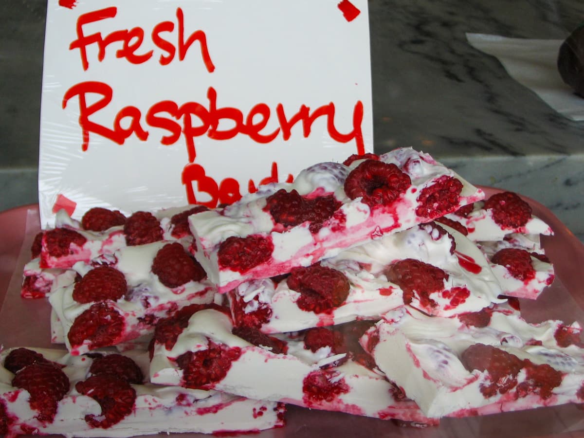 Raspberry white chocolate bark from Papa Bear's Chocolate Haus in Mendocino, California