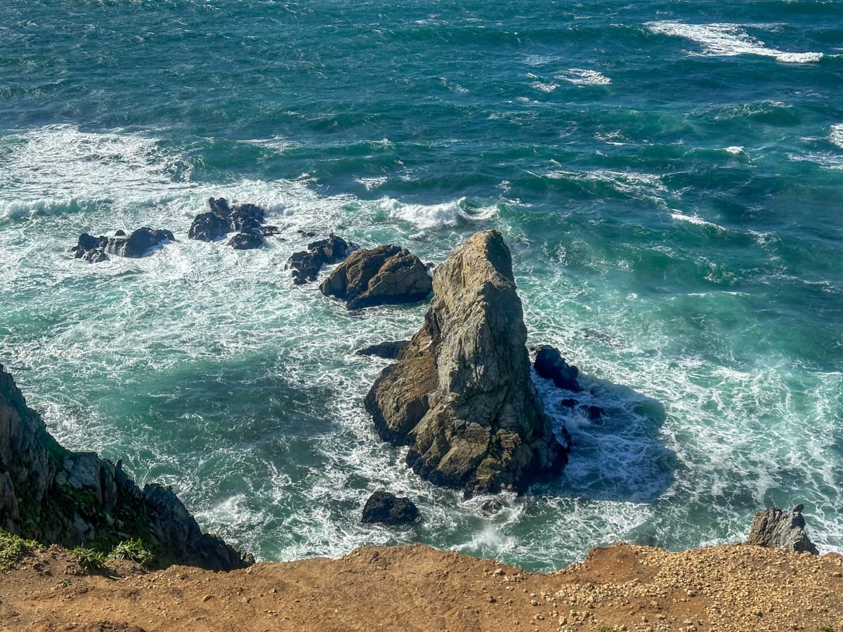 Sea stack jutting out of the Pacific at Tomales Point along the Point Reyes Peninsula along the Tomales Point Trail in Point Reyes National Seashore in California